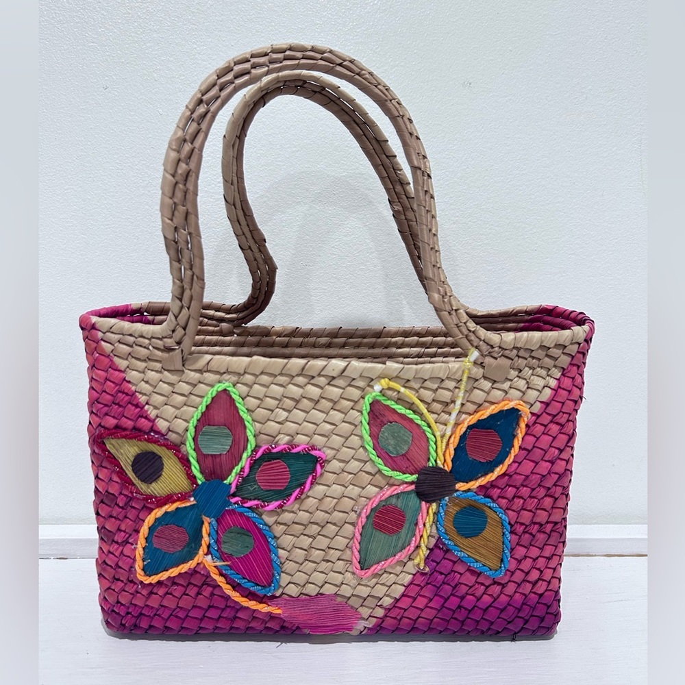 Handmade Women’s Straw Woven Mini Tote Bag w/ Flower‎ Butterfly Design 10”x7”X4”